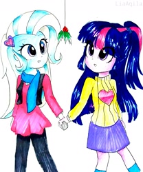 Size: 1393x1672 | Tagged: safe, artist:liaaqila, character:trixie, character:twilight sparkle, character:twilight sparkle (scitwi), species:eqg human, ship:twixie, my little pony:equestria girls, clothing, cute, diatrixes, female, hairpin, holding hands, holly, holly mistaken for mistletoe, lesbian, mistletoe, scarf, sci-twixie, shipping, sweater, traditional art, twiabetes
