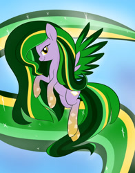 Size: 1024x1304 | Tagged: safe, artist:jessy, oc, oc only, oc:emerald may, species:pegasus, species:pony, abstract background, female, looking at you, mare, solo