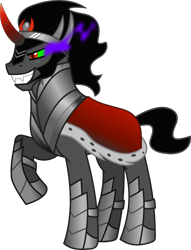 Size: 3122x4081 | Tagged: safe, artist:frownfactory, species:pony, species:unicorn, episode:the crystal empire, g4, my little pony: friendship is magic, .svg available, armor, cape, clothing, crown, edgy, evil grin, fangs, grin, horn, jewelry, male, regalia, simple background, smiling, solo, stallion, svg, transparent background, vector