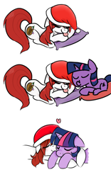 Size: 1014x1624 | Tagged: safe, artist:jessy, character:twilight sparkle, oc, oc:palette swap, species:pony, blushing, christmas, clothing, cuddling, duo, eyes closed, hat, heart, holiday, pillow, santa hat, simple background, tongue out, white background
