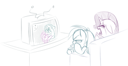 Size: 852x442 | Tagged: safe, artist:jessy, character:bon bon, character:lyra heartstrings, character:rainbow dash, character:rarity, character:sweetie drops, species:pony, couch, crying, drink, drinking straw, eyes closed, television, watching tv