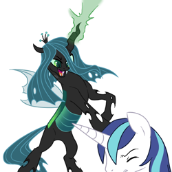 Size: 800x800 | Tagged: safe, artist:elslowmo, artist:jessy, character:queen chrysalis, character:shining armor, species:changeling, species:pony, species:unicorn, changeling queen, duo, female, simple background, white background