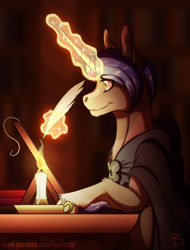 Size: 900x1184 | Tagged: safe, artist:inuhoshi-to-darkpen, character:clover the clever, species:pony, species:unicorn, apprentice, candle, fire, headcanon, levitation, long horn, mage, magic, magic aura, quill, solo, telekinesis