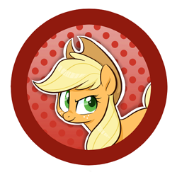 Size: 500x500 | Tagged: safe, artist:jessy, character:applejack, species:earth pony, species:pony, abstract background, button, clothing, cowboy hat, dots, female, hat, mare, smiling, solo