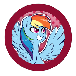 Size: 500x500 | Tagged: safe, artist:jessy, character:rainbow dash, species:pegasus, species:pony, abstract background, bust, button, dots, female, mare, smiling, solo, spread wings, wings