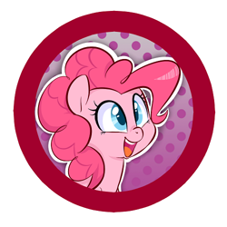 Size: 500x500 | Tagged: safe, artist:jessy, character:pinkie pie, species:pony, abstract background, bust, button, dots, female, mare, open mouth, smiling, solo