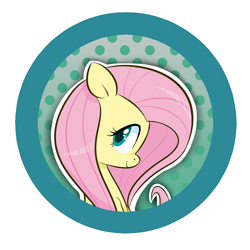 Size: 500x500 | Tagged: safe, artist:jessy, character:fluttershy, species:pony, abstract background, bust, button, cute, dots, female, mare, shyabetes, smiling, solo