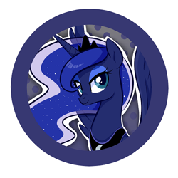 Size: 500x500 | Tagged: safe, artist:jessy, character:princess luna, species:pony, abstract background, bust, button, dots, ethereal mane, female, galaxy mane, mare, smiling, solo