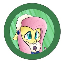 Size: 375x375 | Tagged: safe, artist:jessy, character:fluttershy, species:pony, abstract background, bust, button, clothing, cute, female, mare, shyabetes, smiling, solo