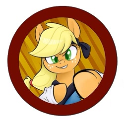 Size: 375x375 | Tagged: safe, artist:jessy, character:applejack, species:pony, abstract background, bust, button, clothing, female, gi, hatless, headband, karate, mare, missing accessory, robe, smiling, solo, sports bra