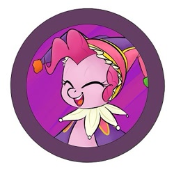 Size: 375x375 | Tagged: safe, artist:jessy, character:pinkie pie, species:pony, abstract background, bust, button, clothing, eyes closed, female, hat, jester, jester hat, jester pie, mare, smiling, solo