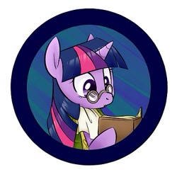 Size: 375x375 | Tagged: safe, artist:jessy, character:twilight sparkle, species:pony, abstract background, book, bust, button, clothing, female, glasses, mare, reading, solo