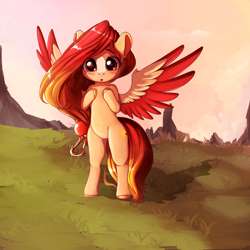 Size: 3200x3200 | Tagged: safe, artist:miokomata, oc, oc only, oc:summer peach, species:pegasus, species:pony, bipedal, female, mare, solo, spread wings, wings