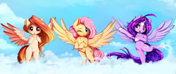 Size: 5200x2200 | Tagged: safe, artist:miokomata, character:fluttershy, oc, oc:dazzling talents, oc:summer peach, species:alicorn, species:pegasus, species:pony, alicorn oc, blep, female, freckles, mare, sexy, silly, tongue out, trio, trio female