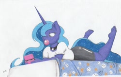 Size: 1296x822 | Tagged: safe, artist:charlescaw, artist:joey darkmeat, character:princess luna, species:anthro, species:plantigrade anthro, gamer luna, 3ds, barefoot, bed, bubblegum, drawing, feet, female, food, gum, solo, toes, trace, traditional art