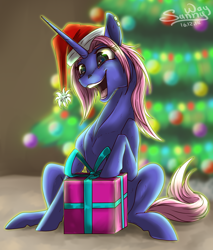 Size: 1000x1176 | Tagged: safe, artist:sunny way, rcf community, oc, oc only, species:pony, species:unicorn, christmas, christmas tree, clothing, cute, female, finished commission, general, happy, hat, holiday, mare, new year, open mouth, present, santa hat, solo, tree, ych result