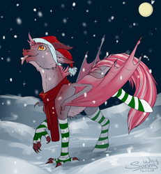 Size: 1000x1084 | Tagged: safe, artist:sunny way, rcf community, oc, oc only, species:dracony, species:dragon, species:pony, calws, christmas, clothing, cute, finished commission, fluffy, fur, general, happy, hat, holiday, hybrid, male, new year, night, open mouth, santa hat, scarf, snow, snowfall, socks, solo, stallion, striped socks, tongue out, wings, winter, ych result