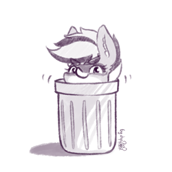 Size: 1024x1024 | Tagged: safe, artist:dsp2003, oc, oc:bandy cyoot, species:earth pony, species:pony, female, mare, monochrome, raccoon pony, signature, simple background, trash can, white background