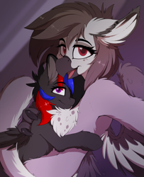 Size: 1626x2000 | Tagged: safe, artist:meggchan, oc, oc only, oc:narcissa, oc:phase shift, species:griffon, species:pegasus, species:pony, beak, chest fluff, claws, cuddling, cute, female, floppy ears, fluffy, freckles, grabbing, griffon on pony action, hug, interspecies, lesbian, long tail, looking at you, looking up, mare, open mouth, pony on griffon action, selfie, size difference, smiling, snuggling, spread wings, tail feathers, talons, wings