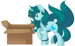 Size: 2349x1438 | Tagged: safe, artist:pearlyiridescence, oc, oc only, oc:ambient waves, species:pony, species:unicorn, box, bracelet, jewelry, kitsune, multiple tails, question mark, simple background, solo, transparent background