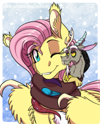 Size: 966x1200 | Tagged: safe, artist:inuhoshi-to-darkpen, character:discord, character:fluttershy, species:draconequus, species:pony, ship:discoshy, cheek fluff, chest fluff, clothes imitation, clothing, coils, disclothes, ear fluff, female, male, mare, one eye closed, scarf, shipping, straight, wing claws, wing fluff, wink