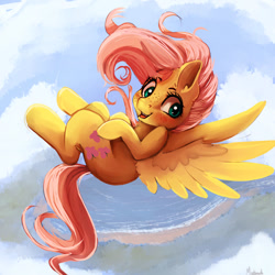 Size: 1024x1024 | Tagged: safe, artist:miokomata, character:fluttershy, species:pegasus, species:pony, anatomically incorrect, cloud, cute, female, flying, freckles, incorrect leg anatomy, looking at you, looking sideways, mare, open mouth, shyabetes, sky, smiling, solo, spread wings, vertigo, wings