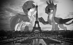 Size: 1600x1001 | Tagged: safe, artist:andrevus, artist:frownfactory, artist:somerandomminion, character:gallus, character:silverstream, species:classical hippogriff, species:griffon, species:hippogriff, species:pony, ship:gallstream, black and white, eiffel tower, female, france, giant griffon, giant hippogriff, giant ponies in real life, giant/macro hippogriff, gigallus, gigastream, grayscale, irl, macro, male, mega giant, monochrome, paris, photo, photoshop, ponies in real life, shipping, story in the source, straight
