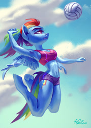 Size: 2067x2894 | Tagged: safe, artist:holivi, character:rainbow dash, species:anthro, species:pegasus, species:pony, species:unguligrade anthro, alternate hairstyle, armpits, belly button, breasts, busty rainbow dash, clothing, cloud, cloudy, cutie mark, female, fit, jumping, legs, lidded eyes, mare, midair, midriff, outdoors, ponytail, sky, solo, sports, sports bra, sports shorts, underhoof, volleyball