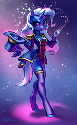 Size: 1780x2894 | Tagged: safe, artist:holivi, character:trixie, species:anthro, species:unguligrade anthro, species:unicorn, episode:street magic with trixie, g4, my little pony: equestria girls, spoiler:eqg series (season 2), beautiful, breasts, busty trixie, cleavage, clothing, cute, diatrixes, epaulettes, equestria girls outfit, female, hat, leotard, magician outfit, mare, signature, smiling, socks, solo, thigh highs, top hat, wand, zettai ryouiki