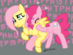Size: 732x547 | Tagged: safe, artist:moronsonofboron, character:fluttershy, character:pinkie pie, species:earth pony, species:pegasus, species:pony, :t, back buzz, buck buzz, crying, derp, duo, duo female, eyes closed, female, heart, mare, motorboating, onomatopoeia, raspberry, raspberry noise, scrunchy face, tickling, wing buzz, wing motorboating