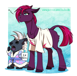 Size: 1800x1786 | Tagged: safe, artist:inuhoshi-to-darkpen, character:grubber, character:tempest shadow, species:pony, species:unicorn, my little pony: the movie (2017), bathrobe, blank flank, broken horn, clothing, duo, eye scar, female, hedgehog, horn, leonine tail, mare, morning ponies, pajamas, partial background, pictogram, robe, scar, shirt, simple background, sleepy, transparent background, unshorn fetlocks, yawn