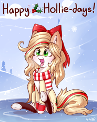 Size: 1920x2400 | Tagged: safe, artist:dsp2003, oc, oc only, oc:hollie, species:earth pony, species:pony, blushing, boots, bow, clothing, cloud, commission, cross-eyed, cute, female, hair bow, happy holidays, holly, ice, mare, pun, scarf, shoes, sitting, snow, snowfall, snowflake, solo, tongue out, winter