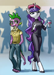 Size: 2067x2894 | Tagged: safe, artist:holivi, character:rarity, character:spike, species:anthro, species:dragon, species:pony, species:unguligrade anthro, species:unicorn, ship:sparity, beatnik rarity, beret, blushing, clothing, duo, female, glass, hat, height difference, legs, male, mare, older, older spike, shipping, straight, sweater, wine glass