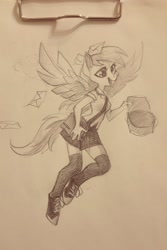 Size: 1820x2728 | Tagged: safe, artist:holivi, character:derpy hooves, species:anthro, species:unguligrade anthro, female, flying, mail, mailmare, monochrome, solo, traditional art