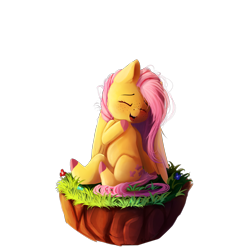 Size: 4400x4400 | Tagged: safe, artist:miokomata, character:fluttershy, species:pegasus, species:pony, absurd resolution, colored hooves, cute, dirt cube, eyes closed, female, floating island, freckles, head turn, mare, open mouth, shyabetes, simple background, sitting, smiling, solo, transparent background