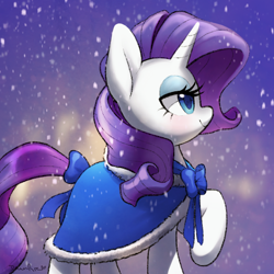 Size: 900x900 | Tagged: safe, artist:dawnfire, character:rarity, species:pony, species:unicorn, cloak, clothing, female, mare, smiling, snow, snowfall, solo