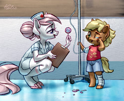 Size: 2343x1911 | Tagged: safe, artist:holivi, character:nurse redheart, species:anthro, species:earth pony, species:pony, species:unguligrade anthro, adoredheart, bandage, candy, cheering up, clipboard, clothing, colt, cute, dawwww, eye contact, female, foal, food, happy, heartabetes, heartwarming, iv drip, lidded eyes, lollipop, looking at each other, male, mare, open mouth, shorts, smiling, squatting, sweet dreams fuel, teary eyes, wholesome