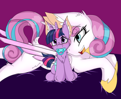 Size: 4590x3746 | Tagged: safe, artist:cuddlelamb, edit, editor:twilights-secret, character:princess flurry heart, character:twilight sparkle, species:alicorn, species:pony, age progression, age regression, age swap, baby, baby pony, blushing, chest fluff, diaper, ear fluff, embarrassed, female, filly, foal, hoof fluff, hoof shoes, mare, pacifier, role reversal