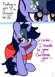 Size: 4000x5581 | Tagged: safe, artist:kimjoman, oc, oc only, oc:purple flix, species:pony, species:unicorn, christmas, holiday, looking at you, male, mistletoe, ribbon, shy, sitting, solo, text