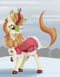 Size: 944x1210 | Tagged: safe, artist:dusthiel, character:autumn blaze, species:kirin, episode:sounds of silence, g4, my little pony: friendship is magic, awwtumn blaze, clothing, cookie, cute, female, food, mouth hold, quadrupedal, snow, solo