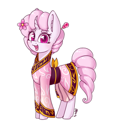 Size: 1600x1800 | Tagged: safe, artist:dsp2003, oc, oc only, oc:sakuragi-san, species:pony, species:unicorn, 2019 community collab, derpibooru community collaboration, blushing, clothing, curved horn, cute, female, flower, flower in hair, horn, kimono (clothing), looking at you, mare, open mouth, signature, simple background, solo, standing, transparent background, updated