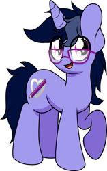 Size: 2077x3297 | Tagged: safe, artist:kimjoman, oc, oc only, oc:purple flix, species:pony, species:unicorn, 2019 community collab, derpibooru community collaboration, accessories, cute, glasses, inkscape, male, raised hoof, simple background, solo, transparent background, vector
