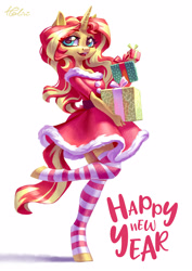 Size: 2894x4093 | Tagged: safe, artist:holivi, character:sunset shimmer, species:anthro, species:pony, species:unguligrade anthro, species:unicorn, my little pony:equestria girls, adorasexy, christmas, clothing, cute, dress, female, happy, happy new year, high res, holiday, mare, open mouth, present, sexy, shimmerbetes, shoulderless, smiling, socks, solo, stockings, striped socks, thigh highs, zettai ryouiki