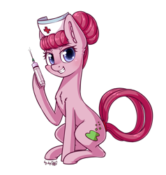 Size: 1824x1920 | Tagged: safe, artist:dsp2003, oc, oc only, oc:bubbly joy, species:earth pony, species:pony, 2019 community collab, derpibooru community collaboration, blushing, commission, cute, female, grin, looking at you, mare, nurse, signature, simple background, sitting, smiling, solo, syringe, transparent background