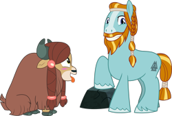 Size: 5096x3445 | Tagged: safe, artist:cheezedoodle96, artist:frownfactory, edit, editor:anonymous, character:rockhoof, character:yona, species:earth pony, species:pony, species:yak, episode:campfire tales, episode:school daze, g4, my little pony: friendship is magic, accessory-less edit, beard, behaving like a dog, blushing, braid, braided ponytail, cloven hooves, facial hair, female, looking at you, male, missing accessory, moustache, nude edit, nudity, rock, simple background, smiling, stallion, straight, tongue out, transparent background, valknut, vector, vector edit, we don't normally wear clothes, yonahoof