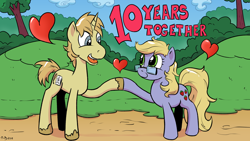 Size: 2880x1620 | Tagged: safe, artist:pony-berserker, oc, oc only, oc:szafalesiaka, unnamed oc, species:earth pony, species:pony, species:unicorn, 10, 2018, anniversary, anniversary art, caption, couple, english, female, glasses, grass, happy, heart, holding hooves, looking at each other, love, male, mare, number, open mouth, outdoors, path, shipping, side view, smiling, stallion, standing, touching hooves, tree