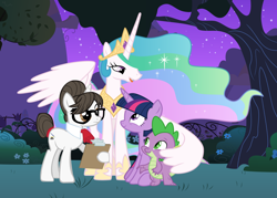 Size: 2898x2070 | Tagged: safe, artist:themexicanpunisher, character:princess celestia, character:raven inkwell, character:spike, character:twilight sparkle, character:twilight sparkle (alicorn), species:alicorn, species:pony, ship:ravenspike, female, group photo, interspecies, male, momlestia, shipping, straight