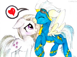 Size: 1032x774 | Tagged: safe, artist:liaaqila, character:marble pie, clothing, crack shipping, cute, female, forehead kiss, goggles, kissing, male, pictogram, shipping, simple background, straight, traditional art, uniform, white background, wind waker (character), wonderbolts uniform