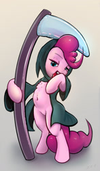 Size: 1281x2177 | Tagged: safe, artist:xbi, character:pinkie pie, species:earth pony, species:pony, bipedal, clothing, female, grim reaper, hooded cape, hoodie, inflatable toy, licking, looking at you, scythe, solo, tabun art-battle finished after, tongue out
