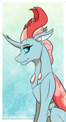 Size: 654x1200 | Tagged: safe, artist:inuhoshi-to-darkpen, character:ocellus, species:changeling, species:reformed changeling, blue background, changeling queen, compound eyes, female, older, older ocellus, queen ocellus, signature, simple background, smiling, solo